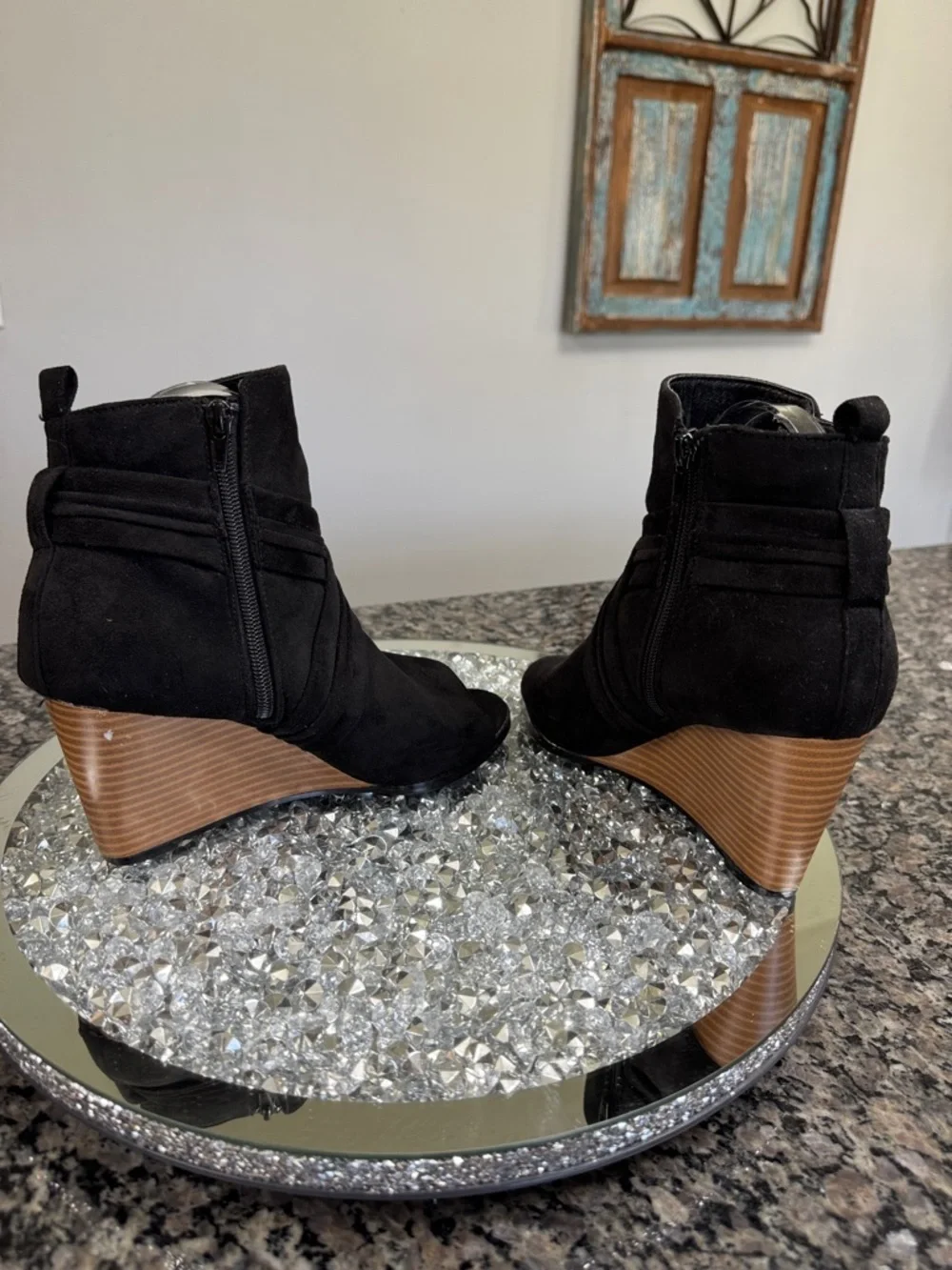 Journee Collection Black faux Suede Peep-Toe Wedge Booties 7.5